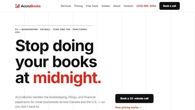 The live AccruBooks homepage — Stop doing your books at midnight