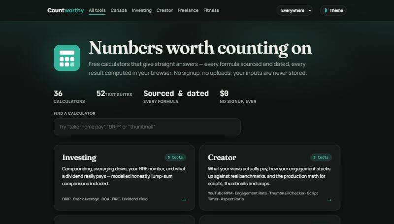 The live Countworthy homepage — free calculators that give straight answers